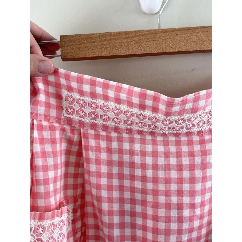 Half Apron Vtg Pink White Gingham Checkered Embroidery Farmhouse Pocket